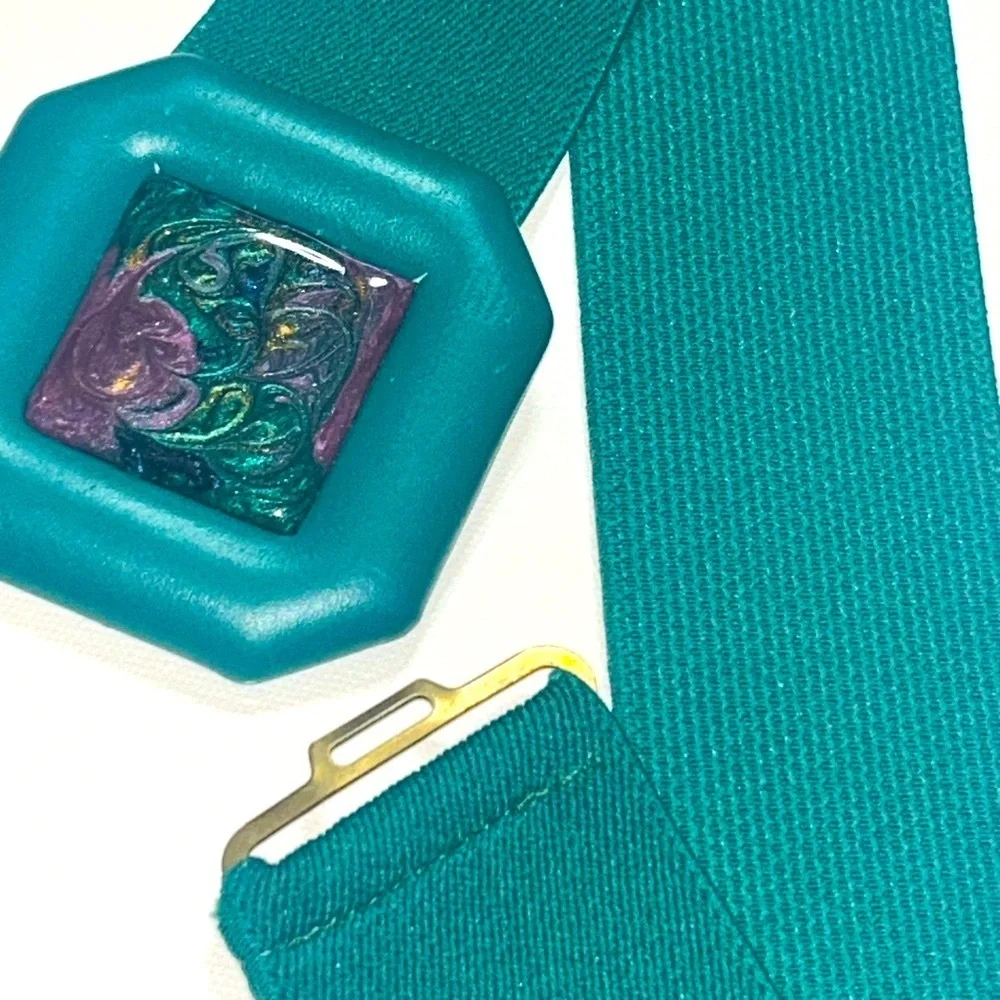 Day Lor Retro Vintage elastic stretch belt teal swirl square buckle gold cinch